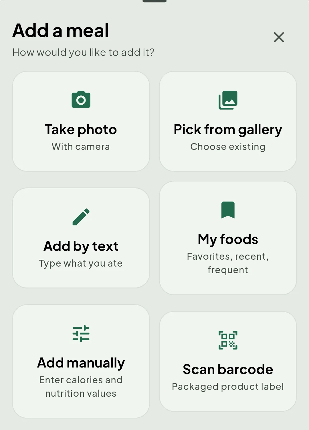 The Notura add-a-meal sheet, offering take photo, pick from gallery, add by text, my foods, add manually and scan barcode.