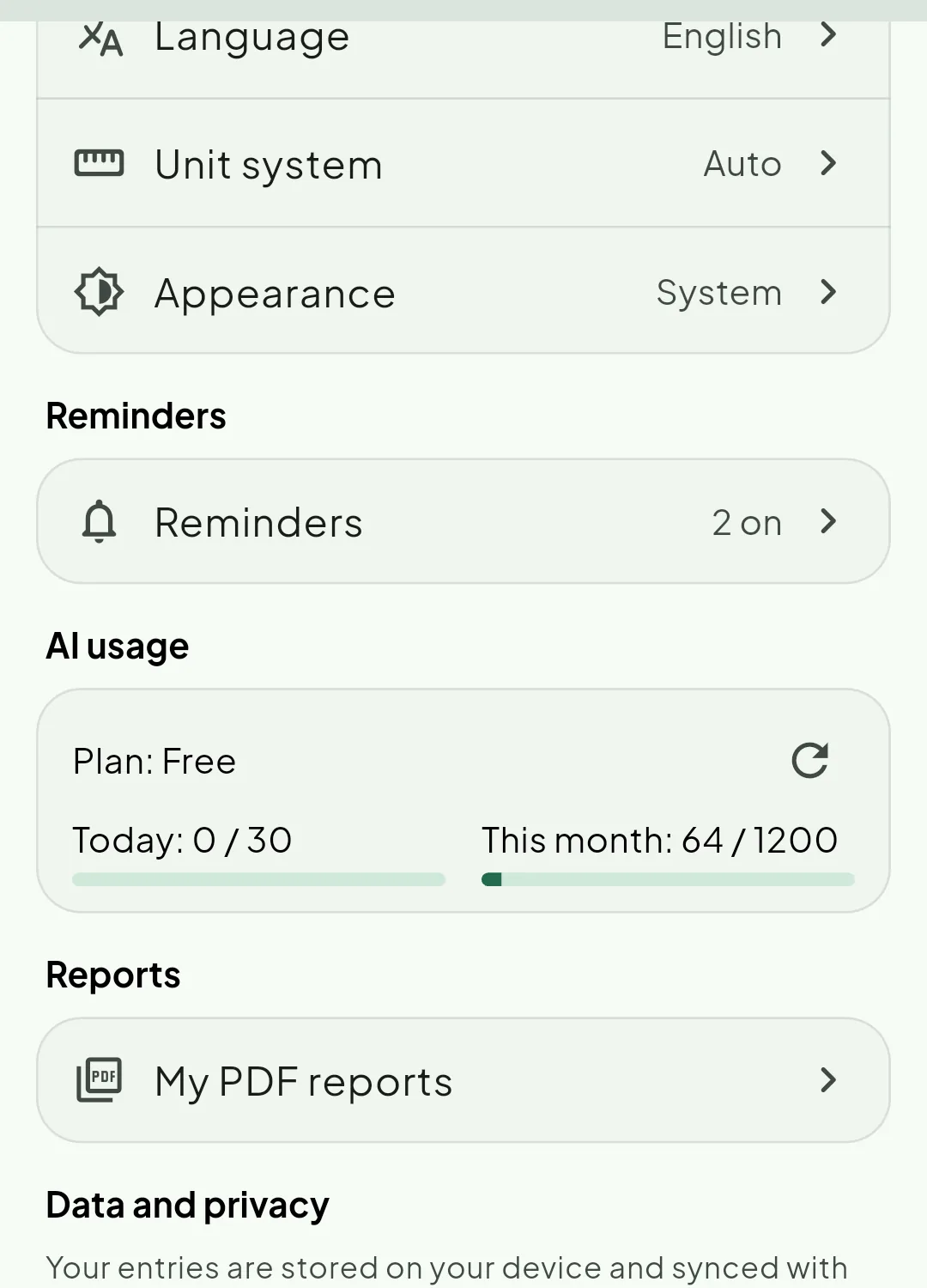 Notura's settings, showing language, unit system, appearance, reminders, AI usage, saved PDF reports and a data export.