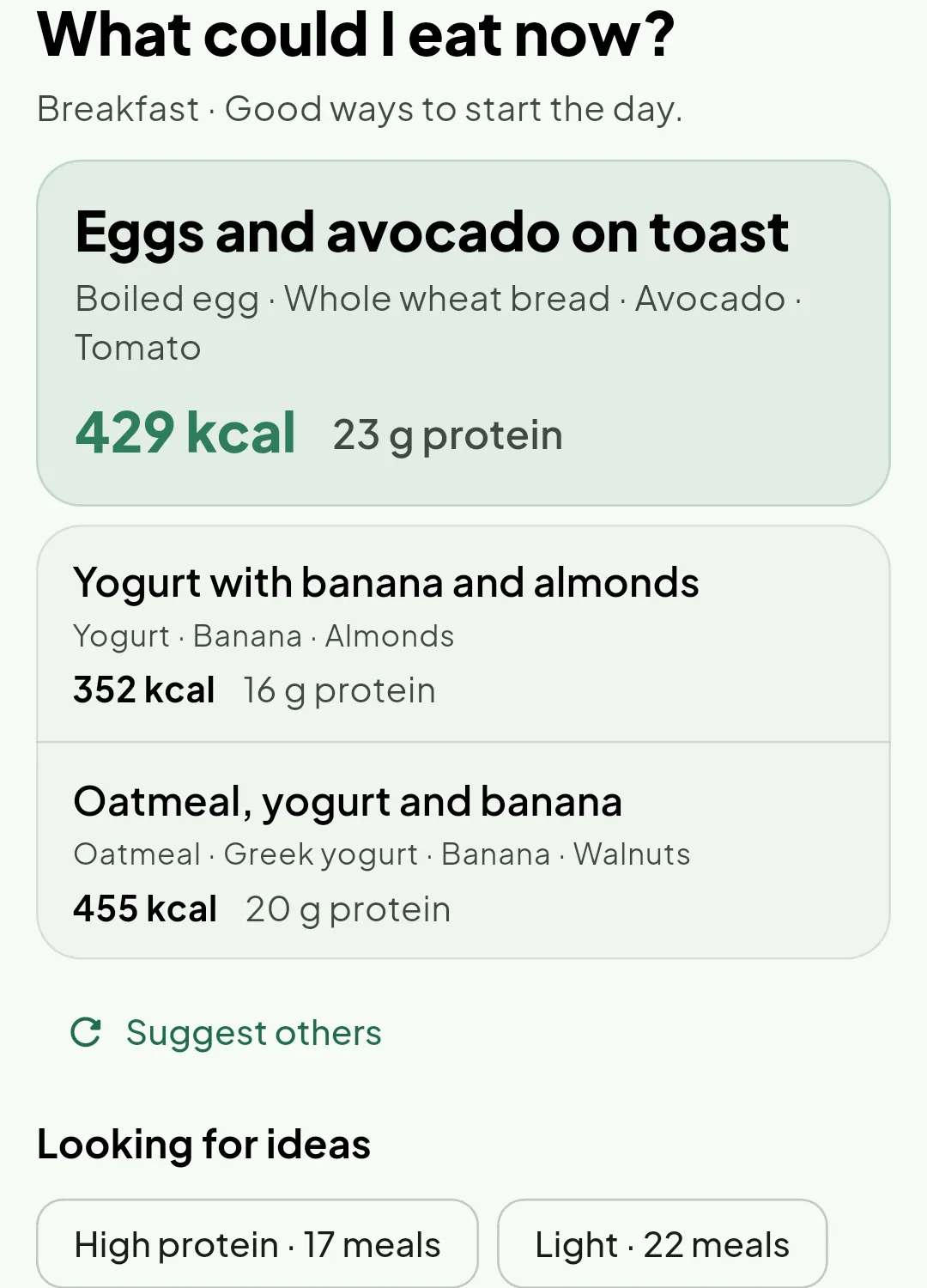 Notura's Explore screen suggesting breakfast ideas that fit the calories left in the day, with an option to suggest others.