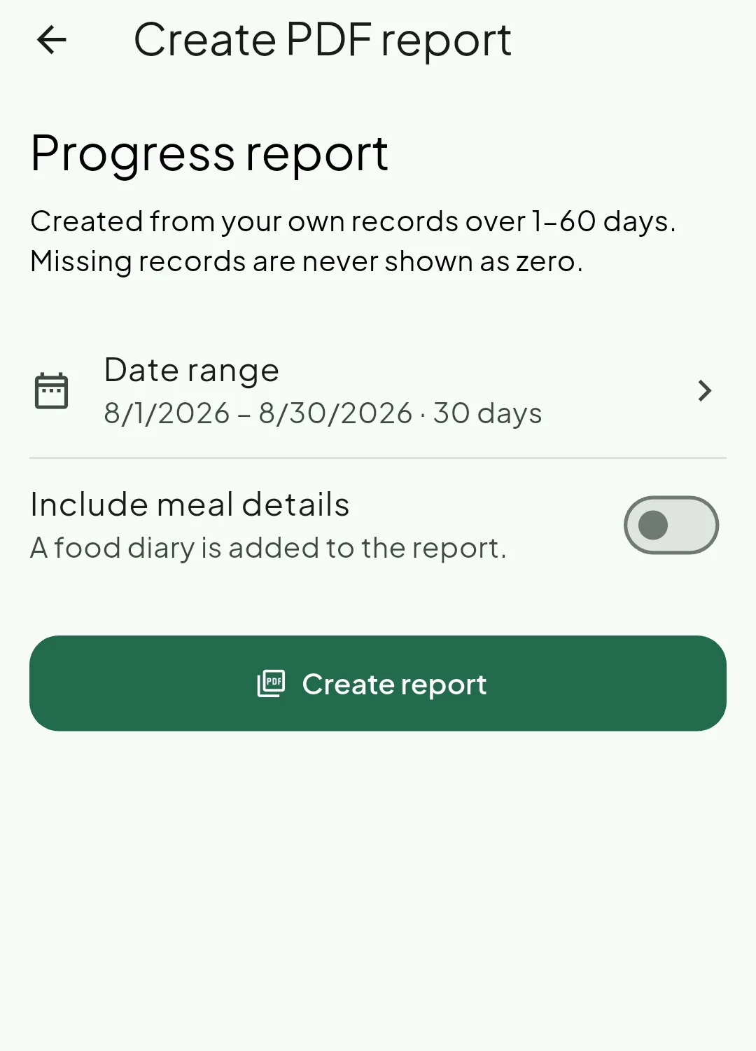 Notura's create-PDF-report screen, with a date range covering one to sixty days and an optional food diary switch.